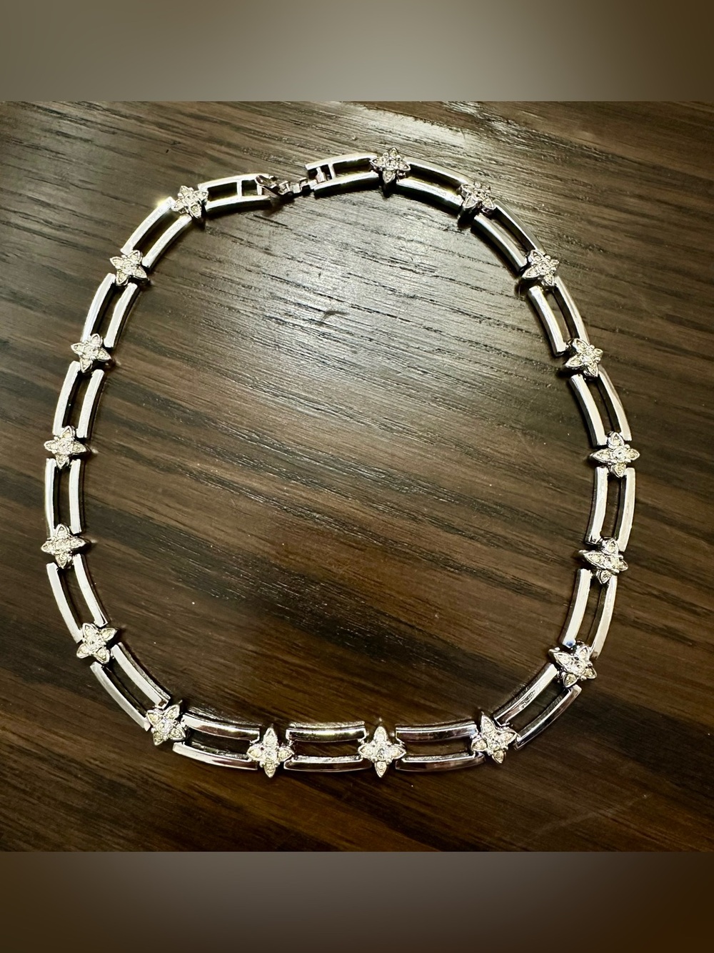 Vintage D’Orlan Rhodium Plated Bar Link Necklace w/ Starburst Swarovski Crystals